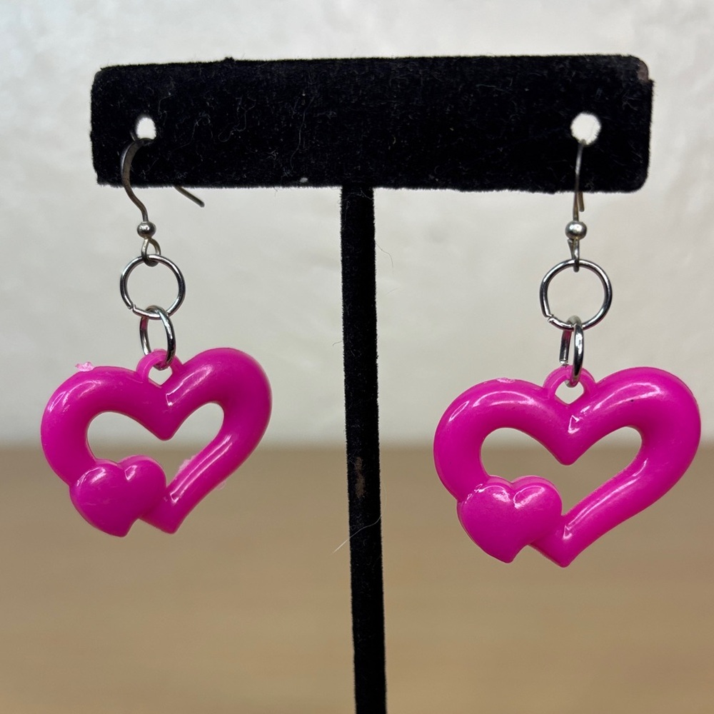 Vibrant Pink Heart Drop Earrings